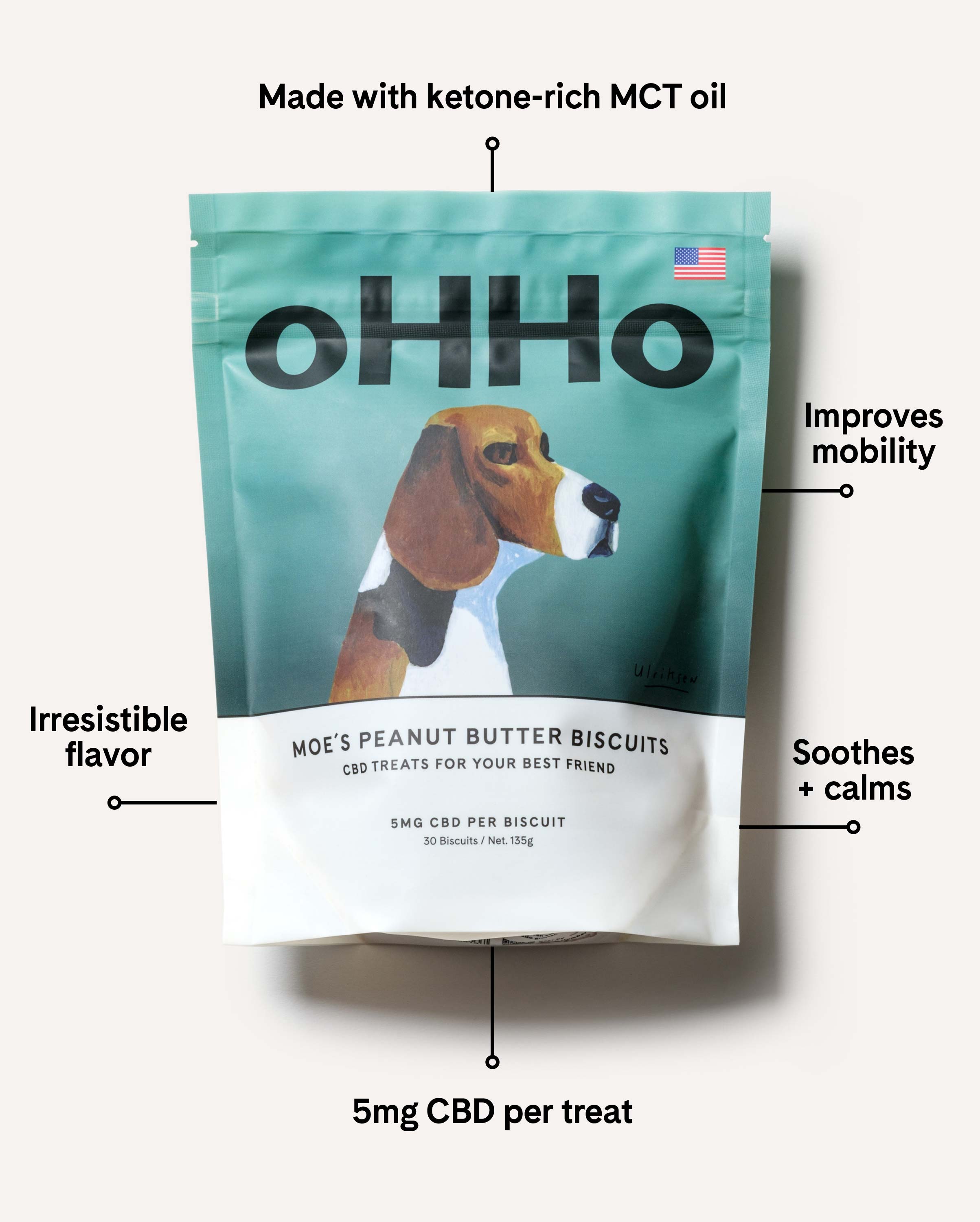 Moe's dog biscuits bag with descriptive text