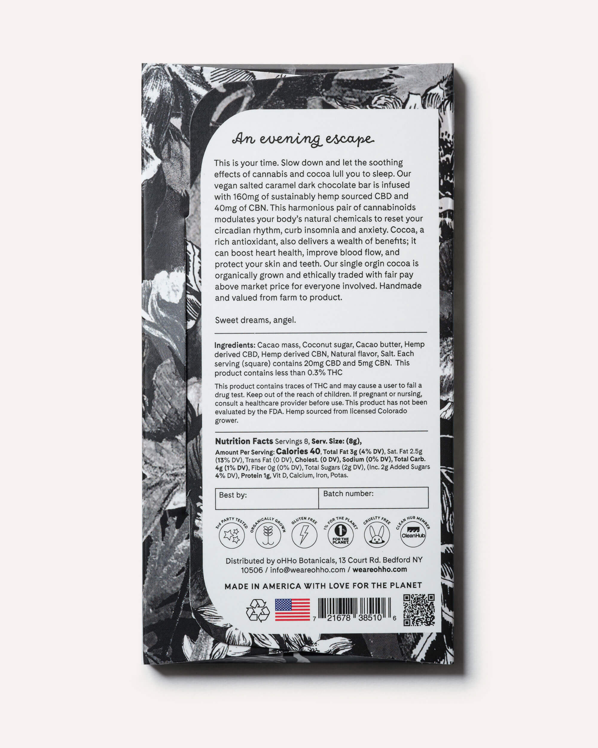 CBNight Dark Chocolate floral packaging back