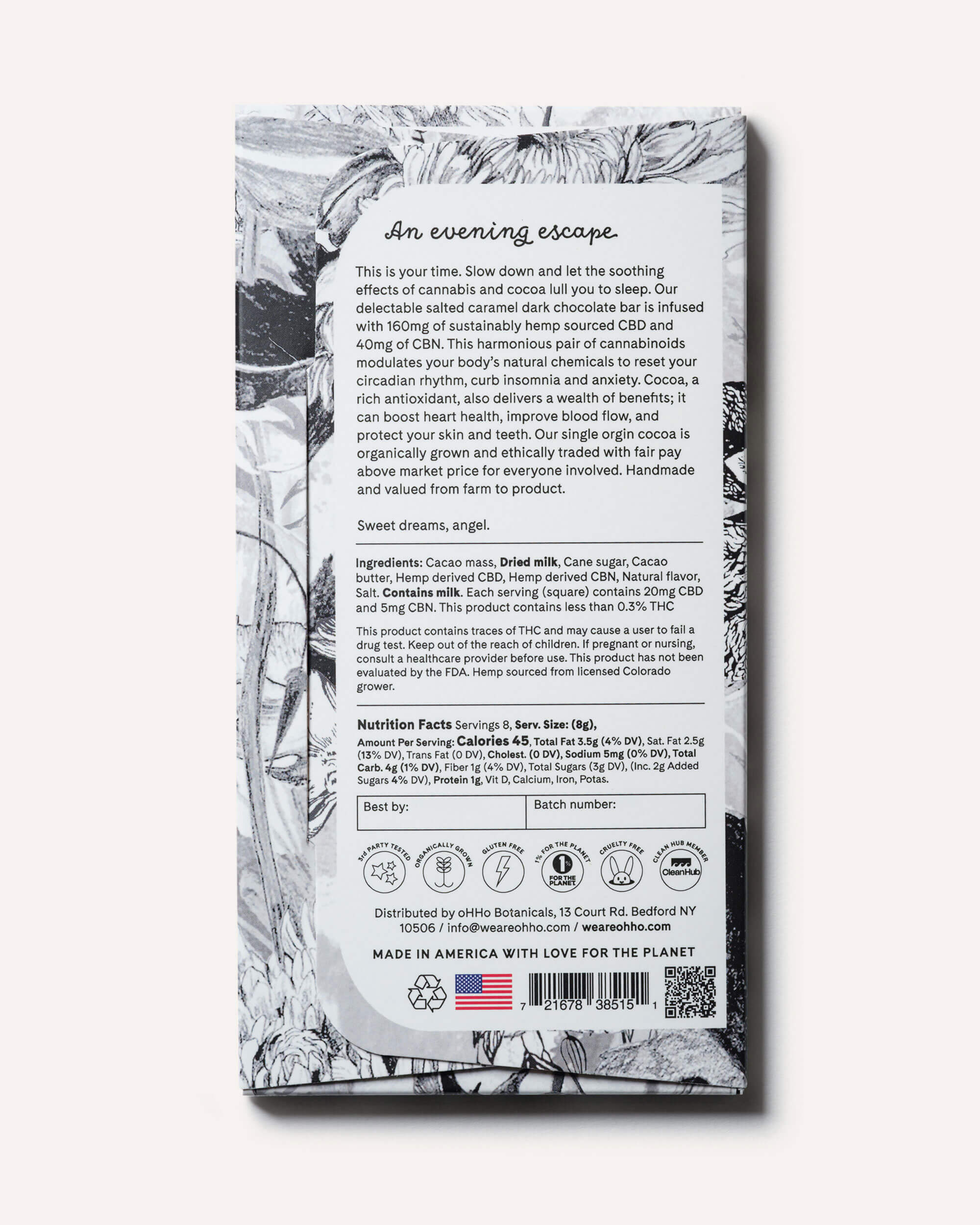 CBNight Milk Chocolate floral packaging back